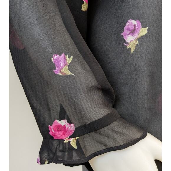 August Max Woman Vintage Sheer Open Blouse Size X Black Pink Floral Rose Lace - Picture 8 of 10